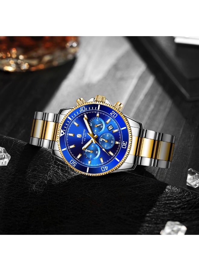 سافيرو ساعة سابفيرو كرونوغراف رجالية من الفولاذ المقاوم للصدأ، مقاومة للماء حتى عمق 50 مترًا، ساعة كوارتز تناظرية مع عرض التاريخ، ساعة كلاسيكية فاخرة وأنيقة، هدية مثالية للرجال. - Image 5